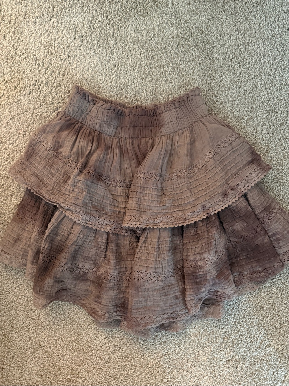 aerie Tiered Ruffle Skater Skirt in Taupe Brown